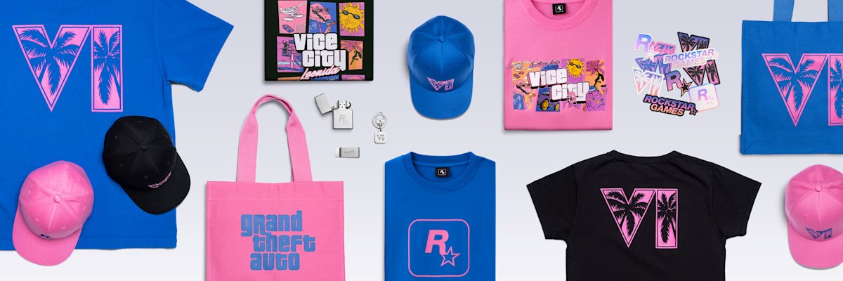 La collection GTA VI de Rockstar Games : vêtements, casquettes, sacs et accessoires roses et bleus